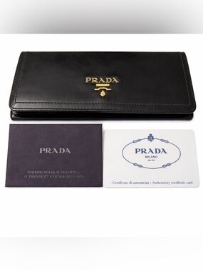 Authentic Prada Black Glazed Calfskin Long Flap Wallet w/ Card